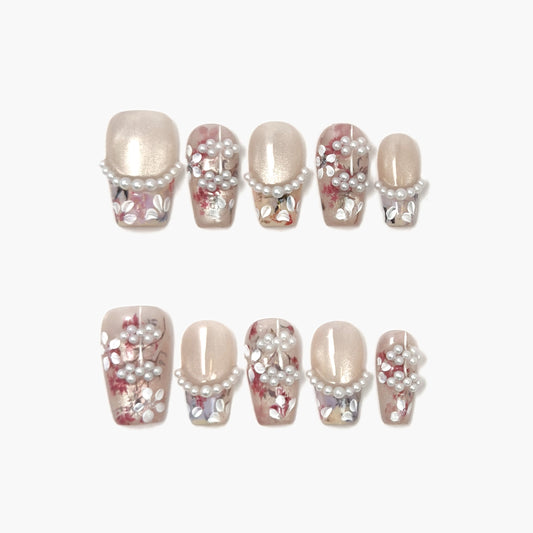 Oriental Pearls Press-On Nails – Nude French Tip with Cat Eye and Pearls Accents, Medium Coffin Full-Cover Set