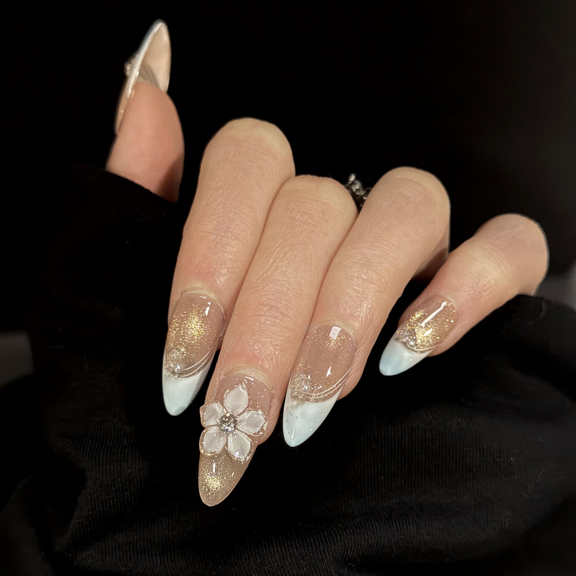 Solstice French Tip Cat Eye 3D Gems Press-On Nails – Soft Almond Gradient, Worn on Hand