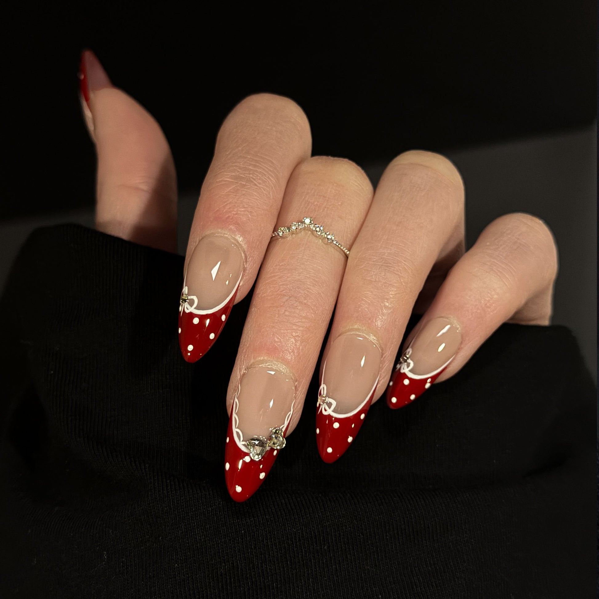 Mary Jane French Tip Gems Press-On Nails – Nude Almond Base, Worn on Hand