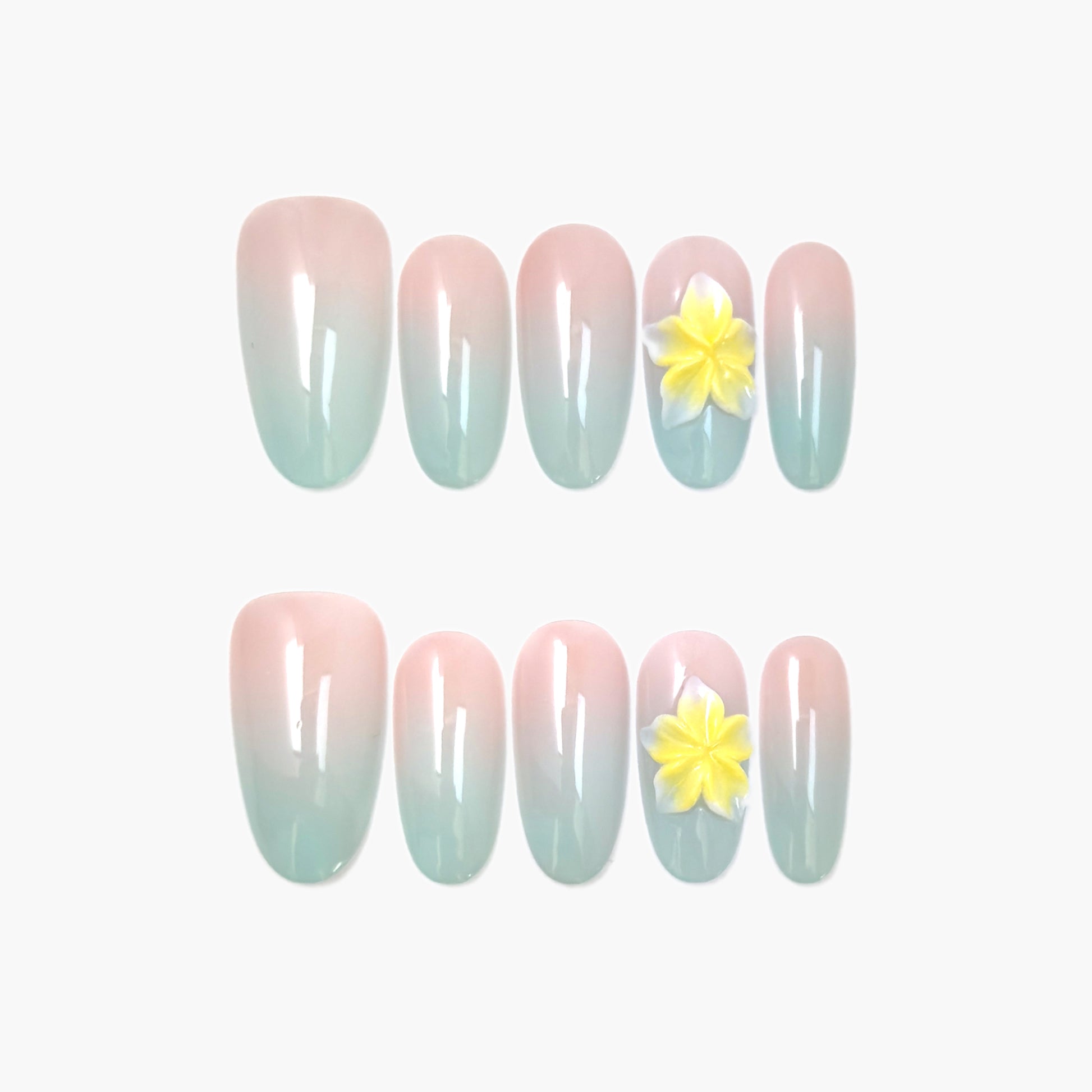 Honalulu Press-On Nails – Mint & Nude Gradient with Single 3D Yellow Petal Accent, Medium Oval Full-Cover Set