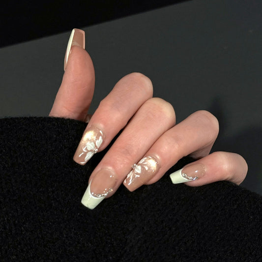 Tinker Bell French Tip Cat Eye 3D Press-On Nails – Nude Base with Gems Accents, Worn on Hand