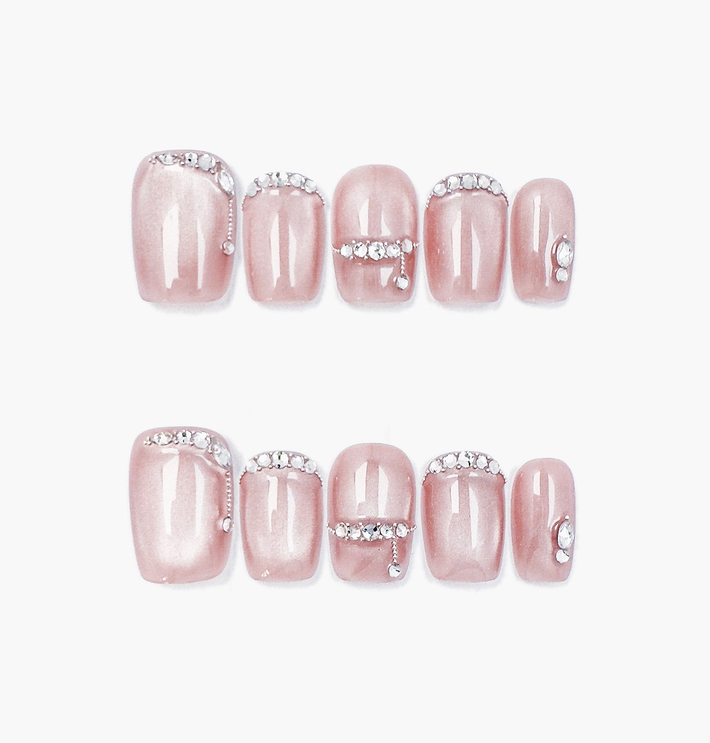 Diamond Blush Press-On Nails – Soft Pink Cat Eye with Diamond Accents, short Square Full-Cover Set