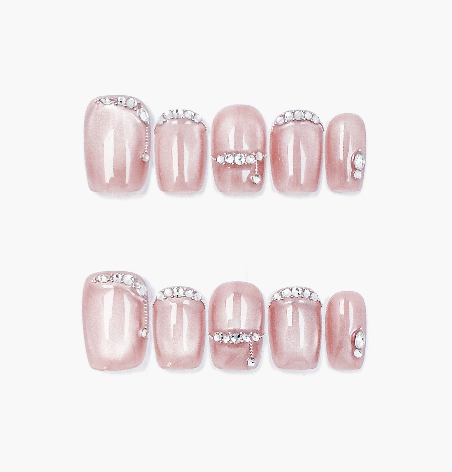Diamond Blush Press-On Nails – Soft Pink Cat Eye with Diamond Accents, short Square Full-Cover Set