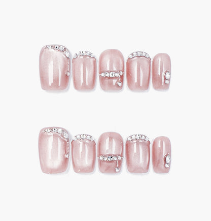 Gems Blush Press-On Nails – Soft Pink Cat Eye with Gems Accents, Short Square Full-Cover Set