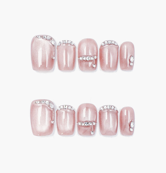Gems Blush Press-On Nails – Soft Pink Cat Eye with Gems Accents, Short Square Full-Cover Set