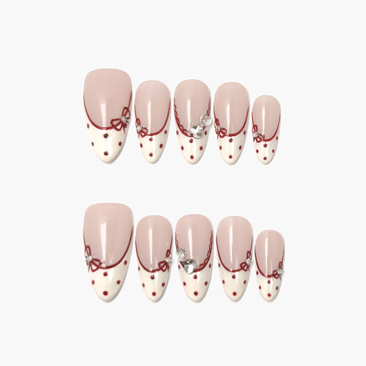 Judy Press-On Nails – Nude Almond Base French Tip with Gems Accents, Medium Almond Full-Cover Set