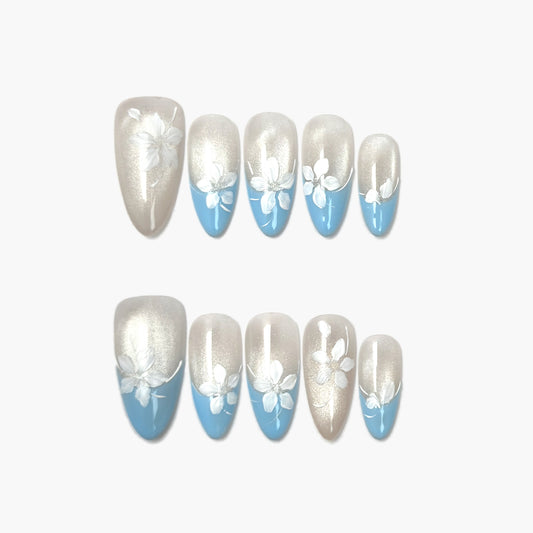 Frosted Blossom Press-On Nails – Soft Gradient Almond Base with French Tip and Cat Eye, Medium Almond Full-Cover Set