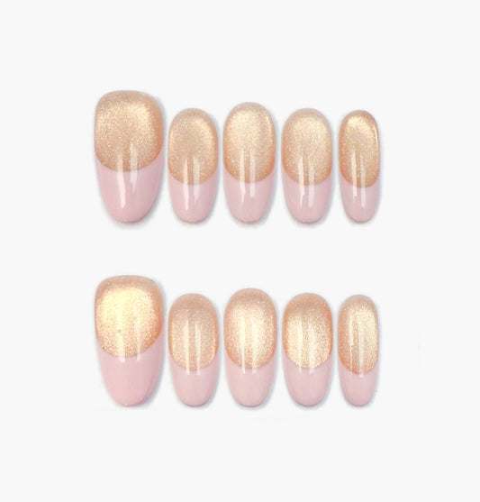 Champagne Mist Press-On Nails-Champagne Gold Glitter Baby Pink French Tip, Medium Oval Full-Cover Set