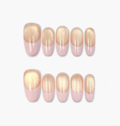 Champagne Mist Press-On Nails- Champagne Gold Glitter Baby Pink French Tip, Medium Oval Full-Cover Set