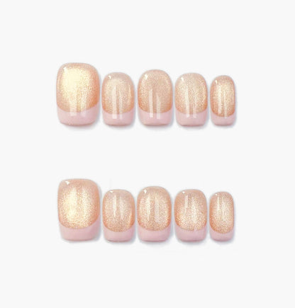 Champagne Mist Press-On Nails – Champagne Gold Glitter Baby Pink French Tip, Short Square Full-Cover Set