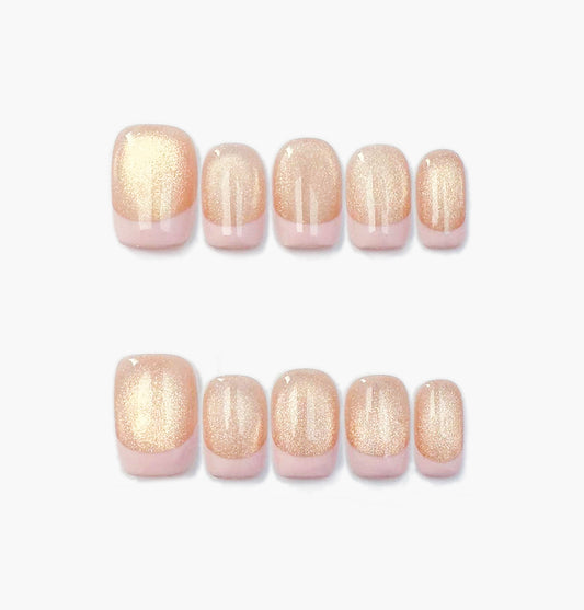 Champagne Mist Press-On Nails – Champagne Gold Glitter Baby Pink French Tip, Short Square Full-Cover Set