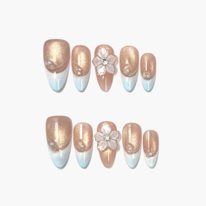 Solstice Press-On Nails – Soft Almond Gradient with French Tip, Cat Eye, and 3D Gems Accents, Medium Almond Full-Cover Set