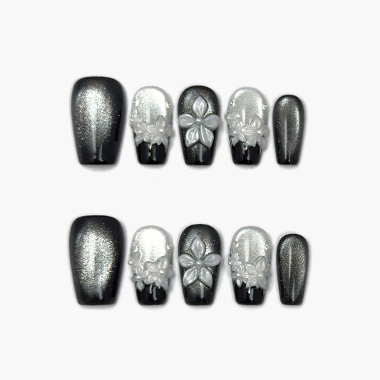 Eclipse Press-On Nails – Black and Silver Gradient Cat Eye with 3D White Flower Accents, Medium Coffin Full-Cover Set