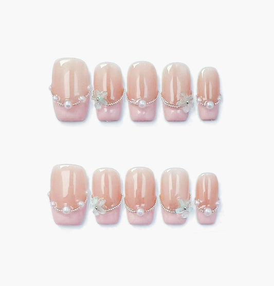 In the Clouds Press-On Nails – Pink French Tip with Pearls Chain and Blue Flower Accents, Medium Square Full-Cover Set
