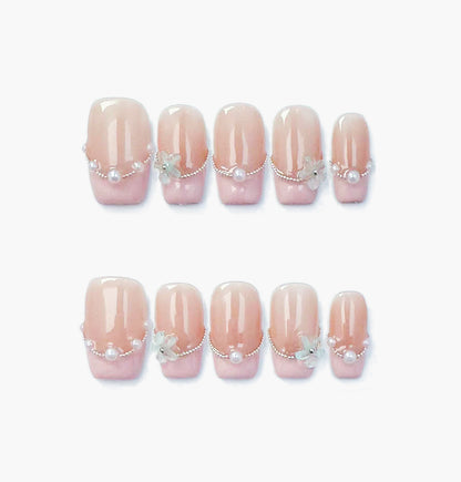 In the Clouds Press-On Nails – Pink French Tip with Pearls Chain and Blue Flower Accents, Medium Square Full-Cover Set