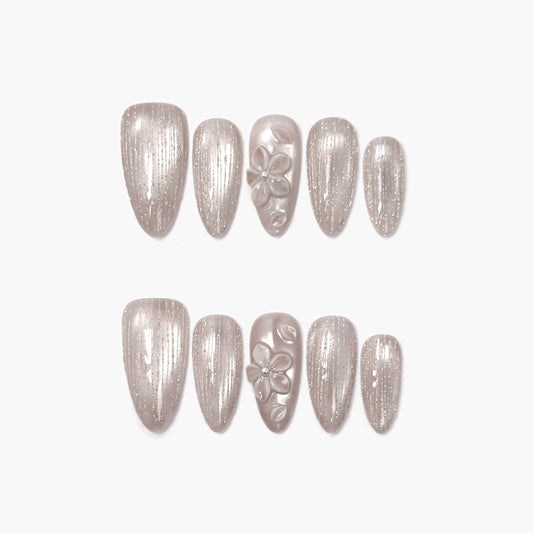 Starlight Bloom Press-On Nails – Golden Cat Eye with 3D White Flowers and Glitter Dust, Medium Almond Full-Cover Set