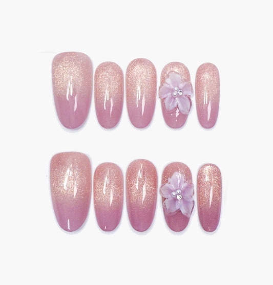 Orchid Dreams Press-On Nails – Gold Glitter Gradient with 3D Purple Orchid Charms, Medium Oval Full-Cover Set