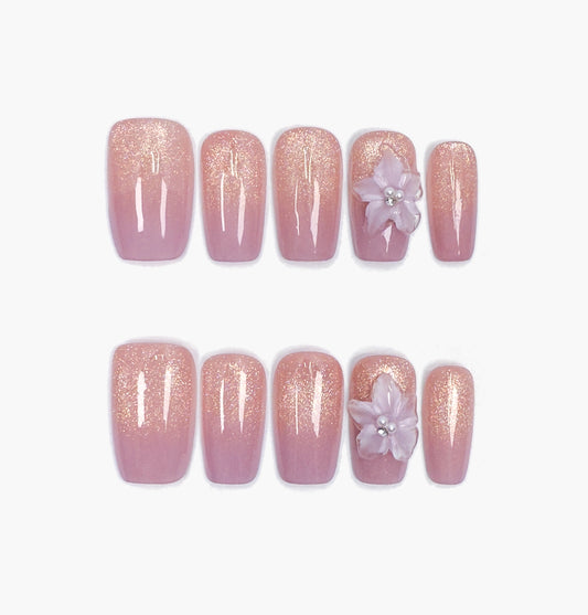 Orchid Dreams Press-On Nails – Gold Glitter Gradient with 3D Purple Orchid Charms, Medium Square Full-Cover Set