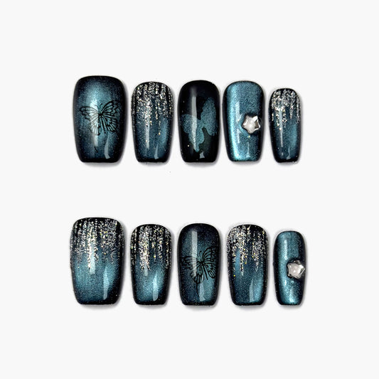 Midnight Butterfly Press-On Nails – Blue Black Gradient Cat Eye with Butterfly Design and Glitter Dust, Medium Square Full-Cover Set