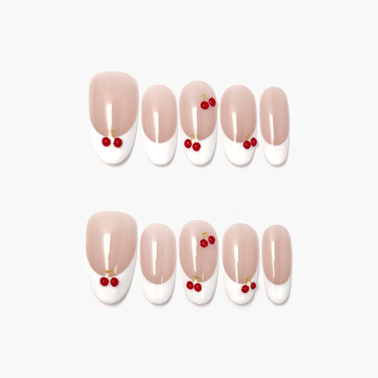 Cherry Kiss Press-On Nails – Nude Base with White French Tip and Red Cherry Accents, Medium Oval Full-Cover Set