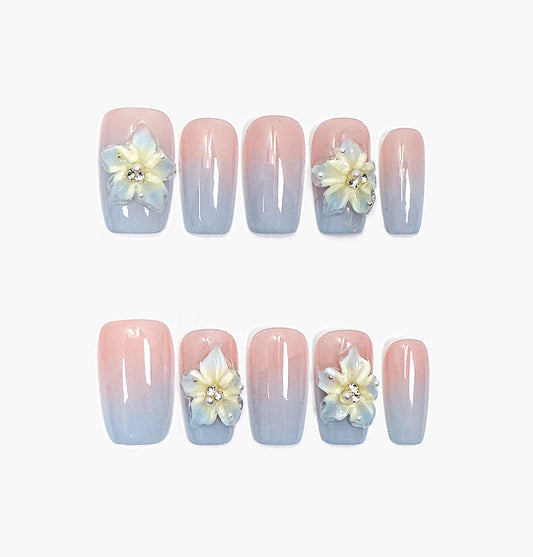 Midnight Bloom Press-On Nails – Pink & Blue Gradient with 3D Floral Accents and Gems Centers, Medium Square Full-Cover Set