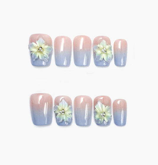 Midnight Bloom Press-On Nails – Pink & Blue Gradient with 3D Floral Accents and Gems Centers, Short Coffin Full-Cover Set