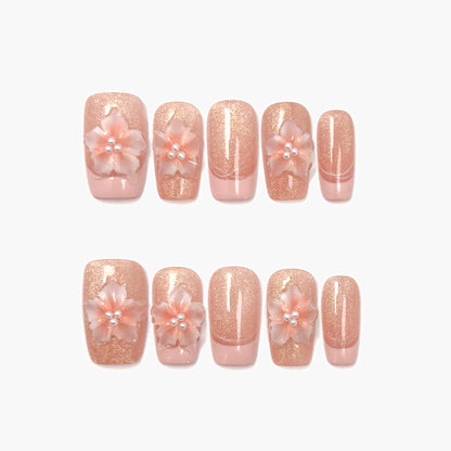 Euphoria Press-On Nails – Warm Pink Glitter Cat Eye with 3D Pink Blossom and Pearls Accents, Medium Square Full-Cover Set