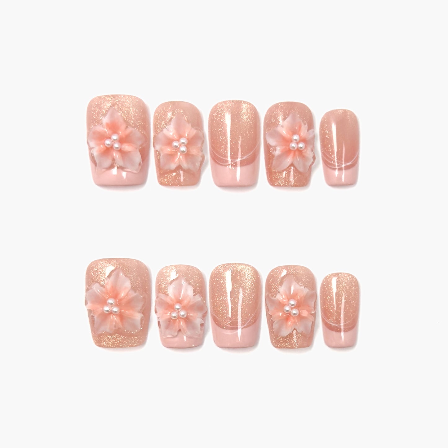 Euphoria Press-On Nails – Warm Pink Glitter Cat Eye with 3D Pink Blossom and Pearls Accents, Short Square Full-Cover Set