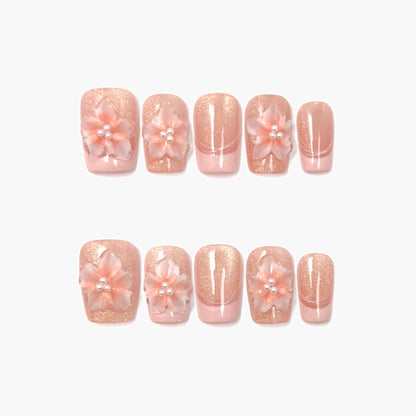 Euphoria Press-On Nails – Warm Pink Glitter Cat Eye with 3D Pink Blossom and Pearls Accents, Short Square Full-Cover Set