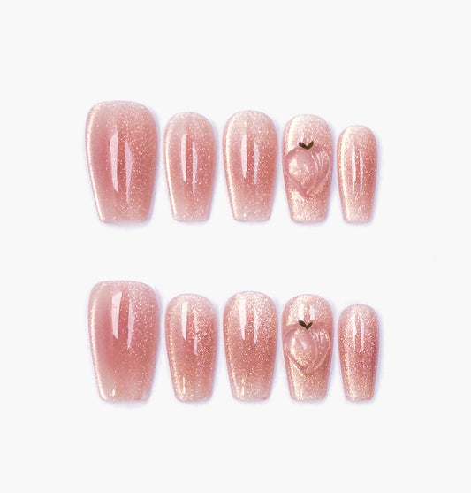 Peachy Press-On Nails – Pink & Gold Glitter Cat Eye with 3D Peach Design, Medium Coffin Full-Cover Set
