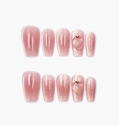 Peachy Press-On Nails – Pink & Gold Glitter with 3D Peach Design, medium coffin Full-Cover Set