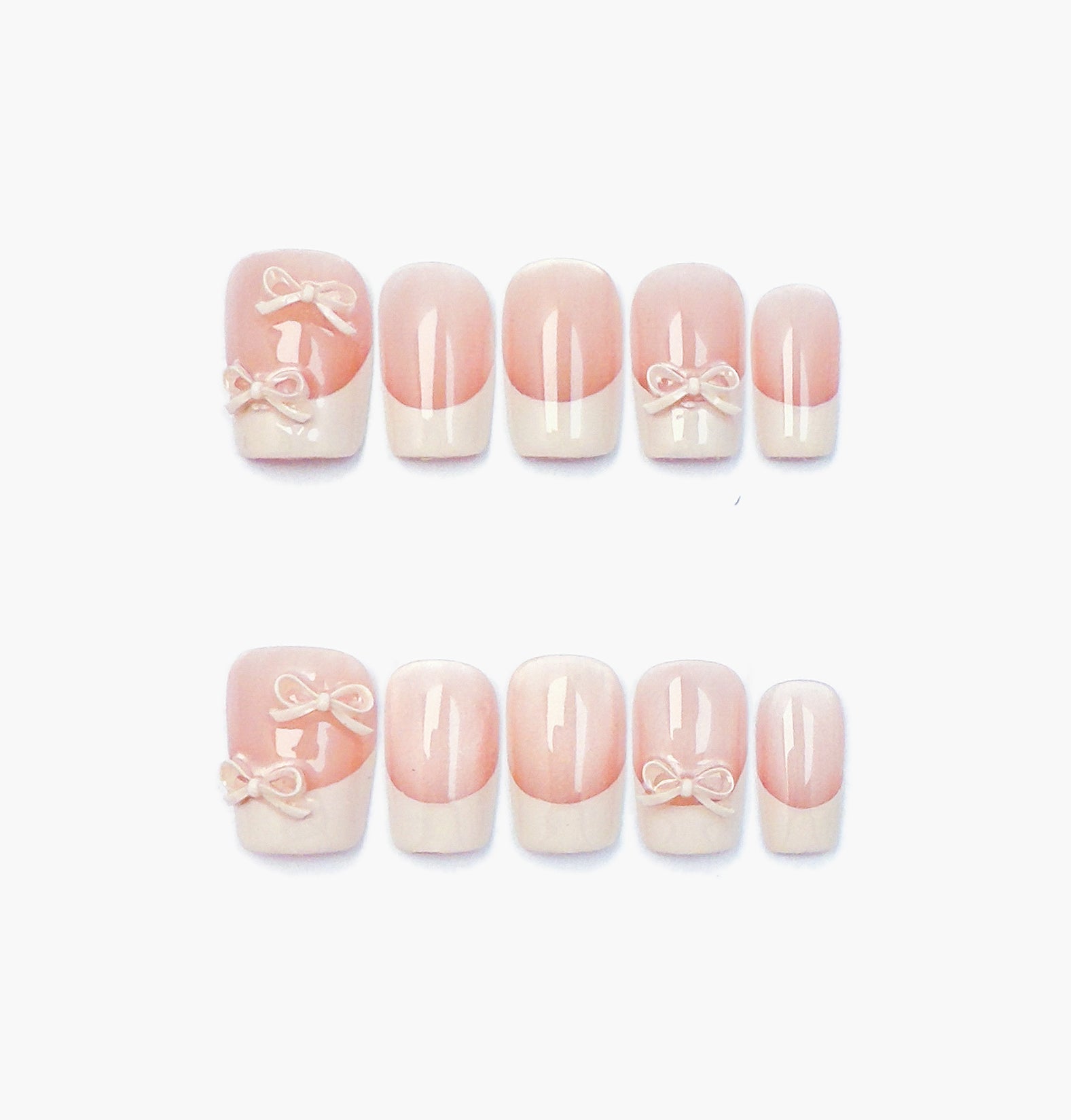 Ballerina Press-On Nails – Nude Base Cat Eye with French Tip and 3D White Bow Charms, Short Coffin Full-Cover Set