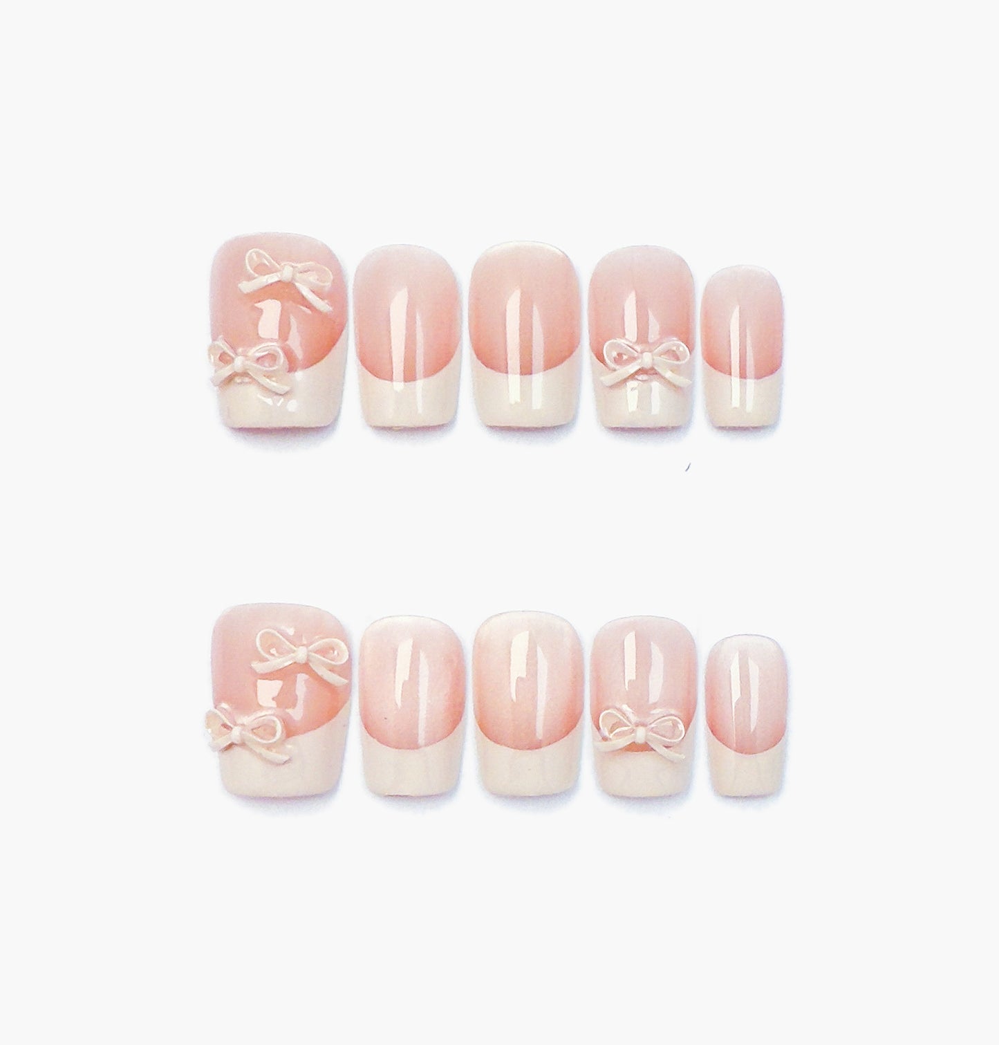Ballerina Press-On Nails – Nude Base Cat Eye with French Tip and 3D White Bow Charms, short Coffin Full-Cover Set