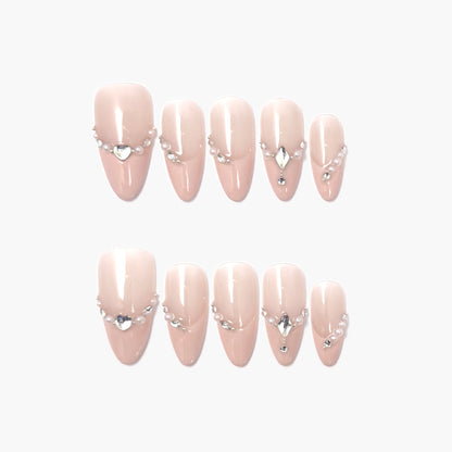 Chain of Hearts Press-On Nails – Nude Base with Gems & Pearls Chain and Teardrop Accent, Medium Almond Full-Cover Set