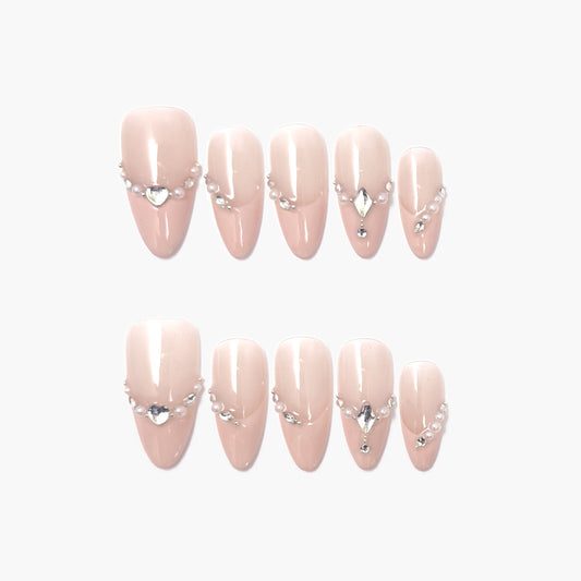 Chain of Hearts Press-On Nails – Nude Base with Gems & Pearls Chain and Teardrop Accent, Medium Almond Full-Cover Set
