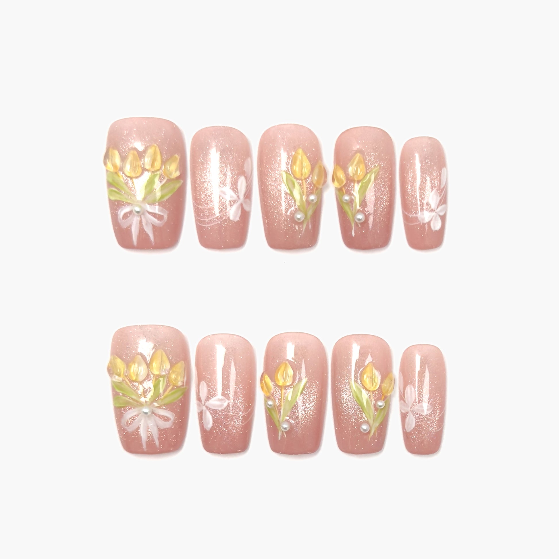 Bloom for Me Press-On Nails – Pink Glitter Cat Eye with 3D Tulip and Leaf Accents, Medium Square Full-Cover Set