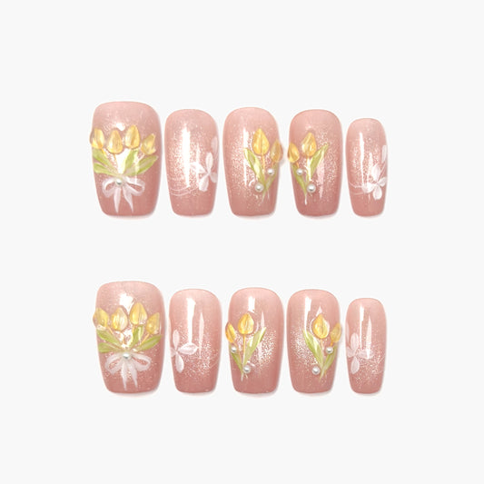 Bloom for Me Press-On Nails – Pink Glitter Cat Eye with 3D Tulip and Leaf Accents, Medium Square Full-Cover Set