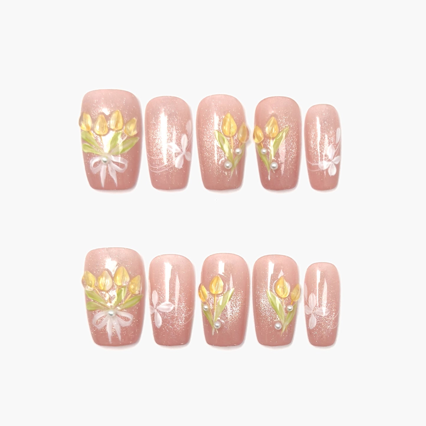 Bloom for Me Press-On Nails – Pink Glitter Cat Eye with 3D Tulip and Leaf Accents, Medium Square Full-Cover Set