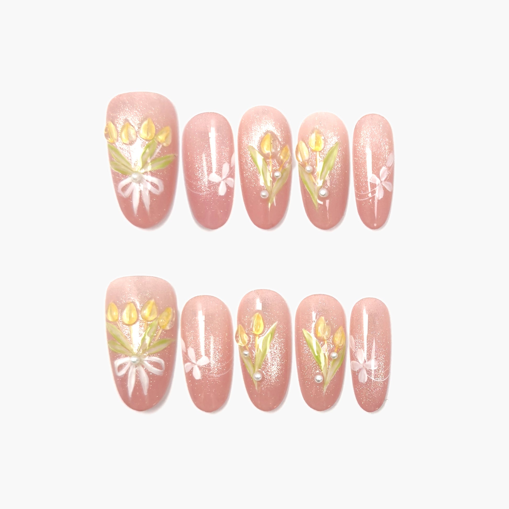 Bloom for Me Press-On Nails – Pink Glitter Cat Eye with 3D Tulip and Leaf Accents, Medium Almond Full-Cover Set