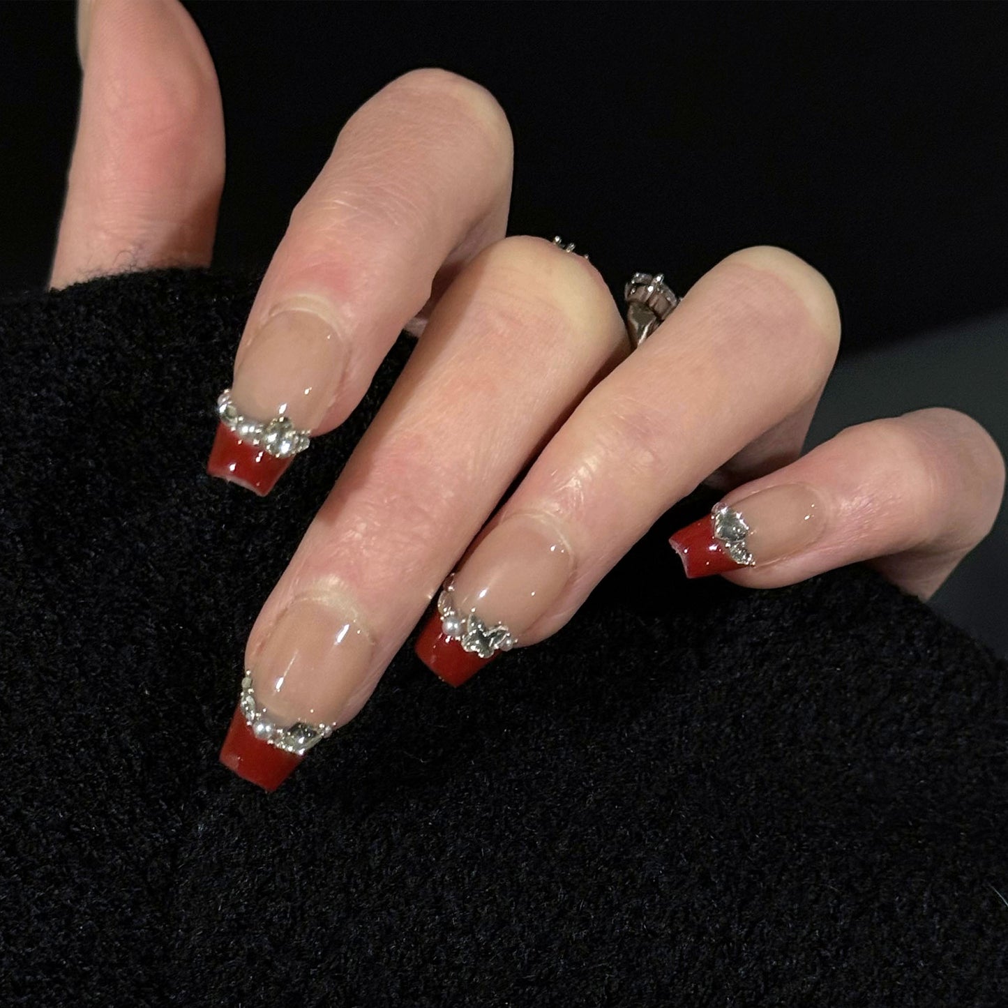 Waltz Gems French Tip Press-On Nails – Nude Base with Teardrop Gems Accents, Worn on Hand