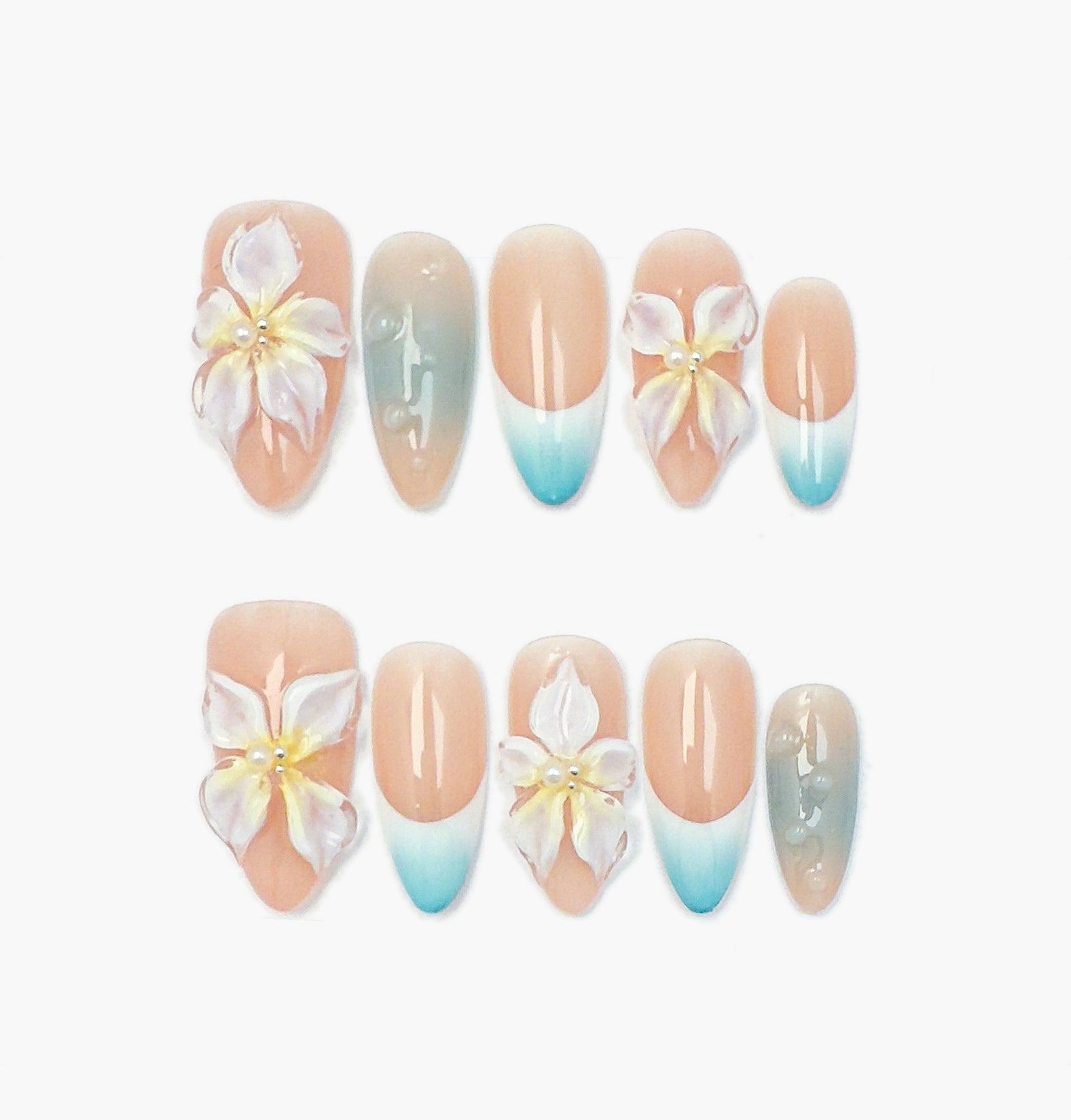 Tropical Paradise Press-On Nails – Nude & Light Blue Gradient Cat Eye with 3D Flower Charms, Medium Almond Full-Cover Set