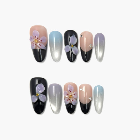 Midnight Orchid Press-On Nails – Black & Silver Gradient with 3D Purple Orchid Accents, Long Oval Full-Cover Set