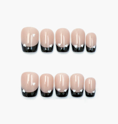 My Valentine Press-On Nails – Nude Base with Black French Tip and White Heart Accents, Short Coffin Full-Cover Set