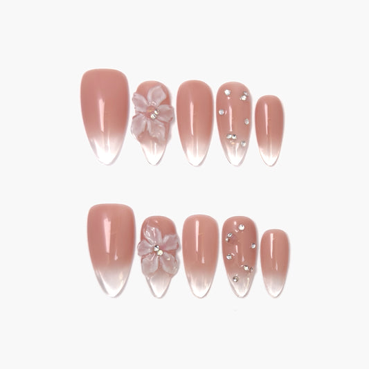 Blush Petal Press-On Nails – Soft Nude Gradient with 3D Pink Petal and Gems Accents, Medium Almond Full-Cover Set
