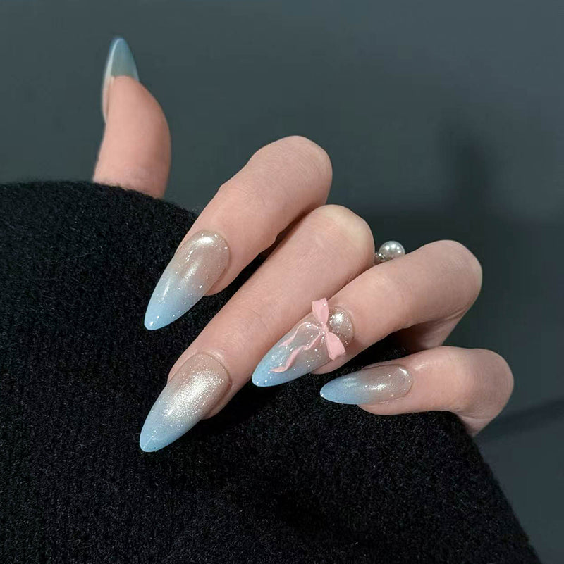 Light Blue Ombre Glitter Press On Nails - Long Almond Fake Nails with Pink Bow, Cute Coquette Aesthetic Glue On Nails