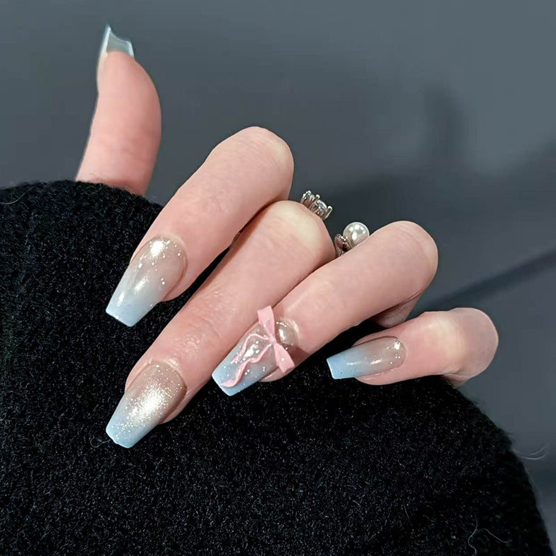 Baby Blue Ombre Press On Nails with Pink Bow - Long Coffin Fake Nails, Cute Coquette Aesthetic Glue On Nails