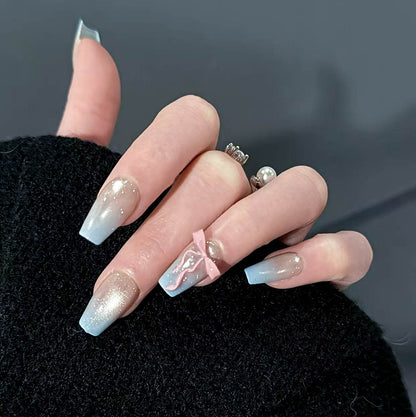 Baby Blue Ombre Press On Nails with Pink Bow - Long Coffin Fake Nails, Cute Coquette Aesthetic Glue On Nails