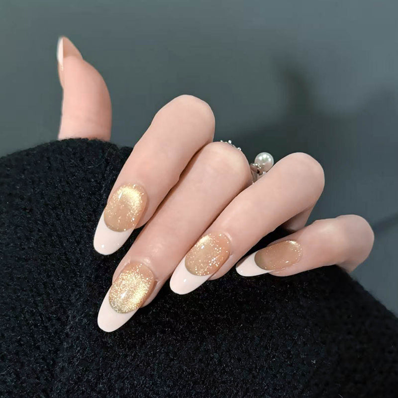 Champagne Gold Glitter French Tip Press On Nails - medium Almond Fake Nails, Elegant Daily Wear Glue On Nails