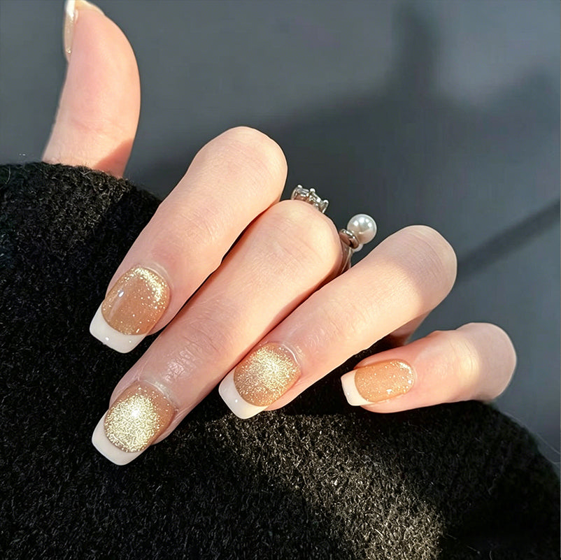 Champagne Gold Glitter French Tip Press On Nails - Short Square Nude Fake Nails, Elegant Daily Wear Glue On Nails