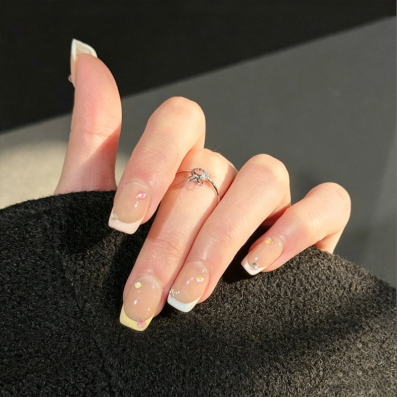 Cotton Candy 3D French Tip Press-On Nails – Pastel Mint, Pink & Yellow Tips with Gemstone Accents, Worn on Hand